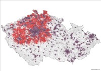 Mapa pokrytí rychlým Internetem od Vodafone k 28. 1. 2014. Červená barva označuje pkrytí LTE sítí, fialová 3G sítí.