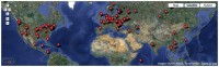 Mapa objevených kontrolních center SpyEye. Geografické umístění kontrolního centra ale nijak neomezuje jeho možnosti ovládat napadené stroje kdekoliv jinde na světě. Zdroj: https://spyeyetracker.abuse.ch/ (leden 2012)