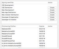 Seznam provision profiles, jak je zobrazuje xCode